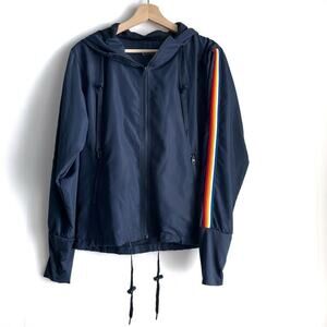 Zyia rainbow bomber jacket rainbow stripe sleeves navy jacket wind breaker sz S